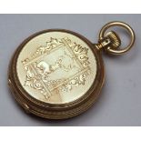 A yellow gold cased hunter pocket watch by Elgin - engine turned with engraving of stag to front and