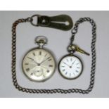 A silver cased Omega open face pocket watch - with an engine turned case, the silvered dial set