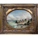 20th Century British School Coastal Village Oil on canvas Framed as an oval Picture size 28 x 38cm