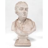 A plaster bust of an 18th century gentleman - raised on a rectangular base, height 44cm.