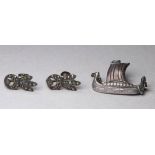 A Danish silver brooch - modelled as a Viking longship, width 3cm, together with a pair of marcasite