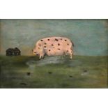 20th Century British Naive School Spotted Pig In A Landscape Oil on paper Framed Picture size 15 x