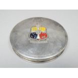 A Danish white metal compact - the cover with an enamel crest, the base impressed 'Solvplet,