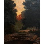 # H. A. VACHELL 20th Century English School Sunrise Woodland Stream Oil on canvas Framed Picture