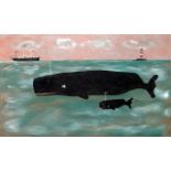 20th Century Naive School Whale, Calf, Sailing Boat, Lighthouse Acrylic on board Framed Picture size