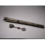 A white metal knife and chopsticks set - repousse decorated with dragons and flowers, length 30cm,