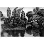# P.J. BUNTING (20th Century British) London Park Charcoal on paper Signed lower left and signed and