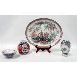 A mid 19th century oval ashette - decorated with an oriental scene, width 46cm, together with a rice
