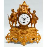 A late 19th century spelter mantel timepiece - gilt painted and modelled with two figures, the white