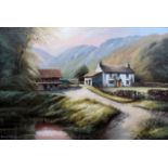 David JAMES (British b. 1944), Hillside Cottage beside a Stream, Acrylic on canvas, Signed lower