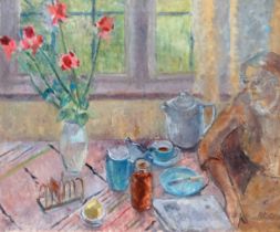 POTTER (20th Century British School) Woman At Her Breakfast Table Oil on canvas Signed both lower