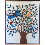 A 20th century fabric panel - decorated with birds and tree of life on a cream ground, 111 x 88cm.