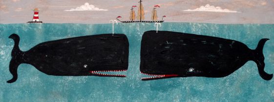 British Naive School Two Whales, Lighthouse and Schooner Oil on board Framed Picture size 29 x