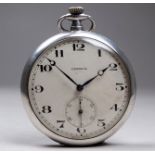 A silver open face pocket watch by Derrick - in the Art Deco style, the silvered dial set out in