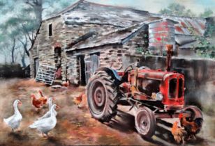 Margaret MERRY (British 20th/21st century) Chickens and Tractor Watercolour Framed and glazed Signed