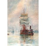 PITTS (19th Century) Sailing Vessel And Tug At Mooring, Dusk Watercolour Signed and dated '90