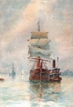 PITTS (19th Century) Sailing Vessel And Tug At Mooring, Dusk Watercolour Signed and dated '90