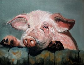 Tony SHORTHOUSE (British 20th/21st Century) Pig Looking Over Its Sty Acrylic on canvas Signed