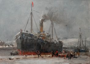 Arthur Wilde PARSONS (British 1854-1931) Loading a Tramp Steamer in a Winter Harbour Oil on board