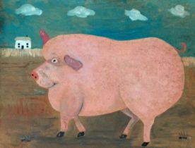 Naive British School Prize Pig Oil on board Framed Picture size 35 x 45cm Overall size 46 x 56cm