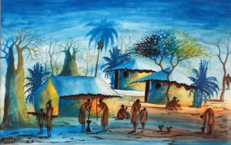 Moses MASTER (African School) African Village Watercolour on paper Signed lower left Framed and