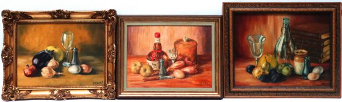 20th Century British School Still Life of Fruit, Books, Bottle and Glass Oil on board Indistinctly