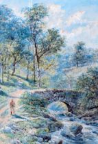 William Henry PIKE (1846-1908) Fisherman Beside A Bridge And River In Spate Watercolour Indistinctly