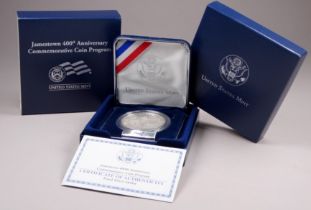 A United States Mint Jamestown 400th anniversary commemorative coin program, cased, boxed and with