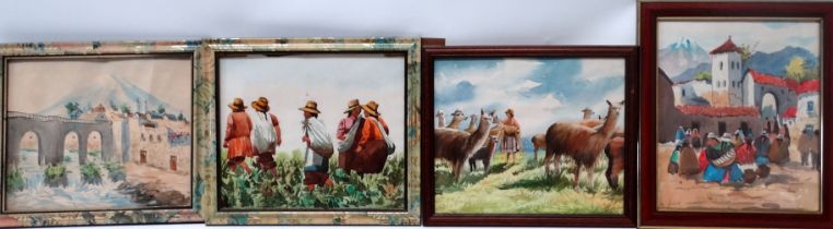 FEUETALL (20th Century South American School) Peruvian Lama Farmer Watercolour Signed lower right