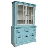 A Cornish white and blue painted pine dresser - with glazed doors enclosing two shelves, above two