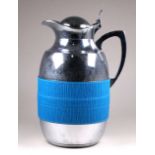 A Giobagnara vacuum flask - polished chrome with a turquoise textured leather band, height 24cm.