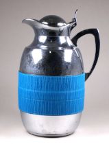 A Giobagnara vacuum flask - polished chrome with a turquoise textured leather band, height 24cm.