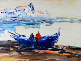 # Virgilo COSTA (Portuguese b. 1943) Beached Fishing Boat with Figures Oil on board Signed with