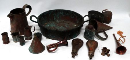 A large copper jam pan - with brass handles, together with a quantity of other copper and