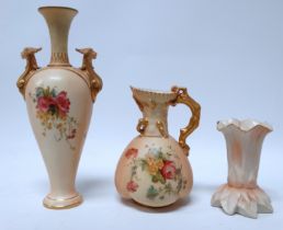 A Royal Worcester blush ivory vase - of narrow baluster form with gilt handles modelled as gryphons,