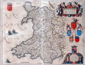 Johannes Blaeu map of Wales - Wallia Principatus vulgo Wales, Amsterdam, circa 1645, with later