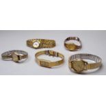 Five various ladies Seiko wristwatches - each with gilt metal watch heads and straps.