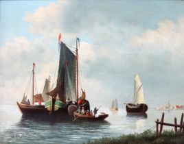 20th Century Dutch School Vessels Unloading Oil on panel Indistinctly signed lower left Framed