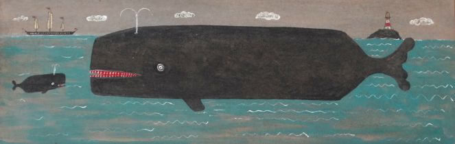 British Naive School Whale, Calf, Sailing Boat, Lighthouse Acrylic on board Framed Picture size 90 x