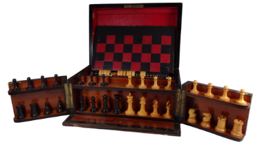 A Victorian coromandel games compendium - containing folding chess and backgammon board, ebonised