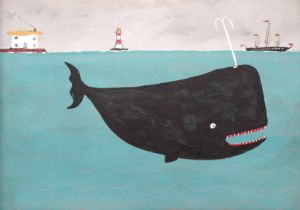 British Naive School Whale with Schooner, Cottage and Lighthouse Oil on board Framed Picture size 30