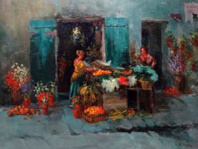 Gwendoline Mary HOPTON (British 1866-1913) Continental Flower and Vegetable Stall Oil on canvas