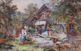 William Henry PIKE (British 1846-1908) Figures Outside An Alpine Chalet Watercolour Signed and dated