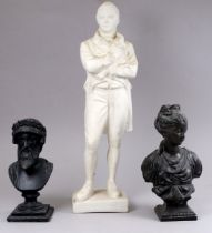 A 19th century spelter bust of a classical lady - raised on a square base, height 18cm, together