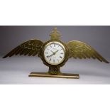 An RAF mid 20th century brass desk alarm clock - modelled in the form of wings, height 14cm.
