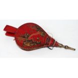 A pair of early 20th century red Chinoiserie bellows, decorated with a bridge and pagodas, length