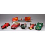 A Scalextric B2 Hurricane motorcycle combination - green with riders in black with red helmets,