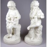 A pair of 19th century Parian figures - modelled as children sitting on a stump, one with a