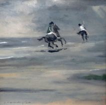 -Lea (British 20th Century) Galloping Riders on a Beach Oil on board Indistinctly signed lower