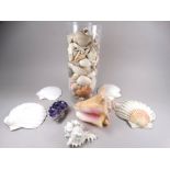 A quantity of decorative shells - together with an amethyst geode.